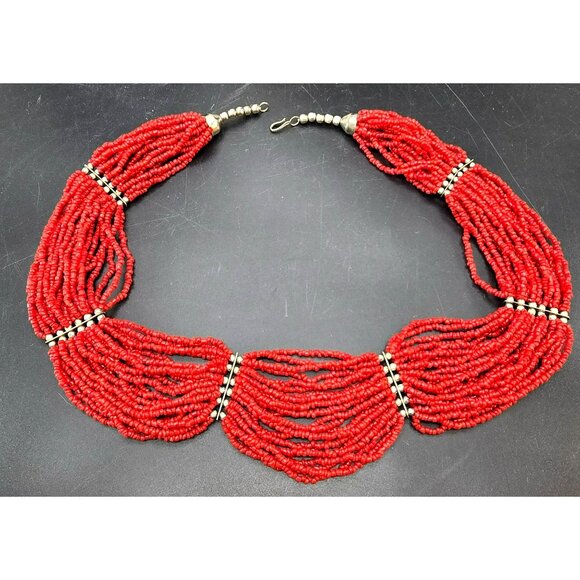 Vintage Red Beaded Multi-Strand Necklace With Silver Accents 20" HS195 - Picture 5 of 7